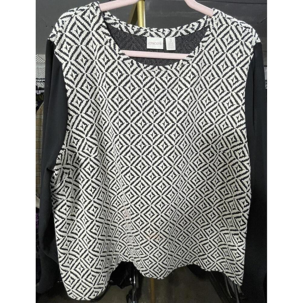 Sz 3 NWT Chico's Knit Top Blouse w/ Chiffon Semi Sheer Long Sleeves Black $79 XL